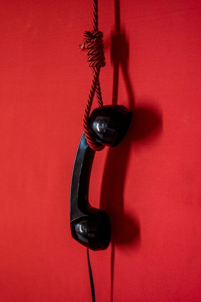 pay phone, noose, technology, phone call, phone, telephone, phone handset, art, message, loop, red technology, red phone, red art, red telephone